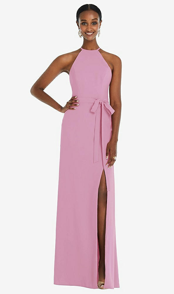 Back View - Powder Pink Halter Criss Cross Cutout Back Maxi Dress