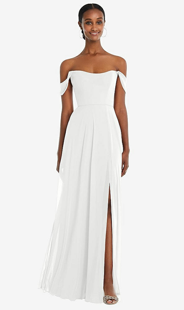 Front View - White Off-the-Shoulder Basque Neck Maxi Dress with Flounce Sleeves