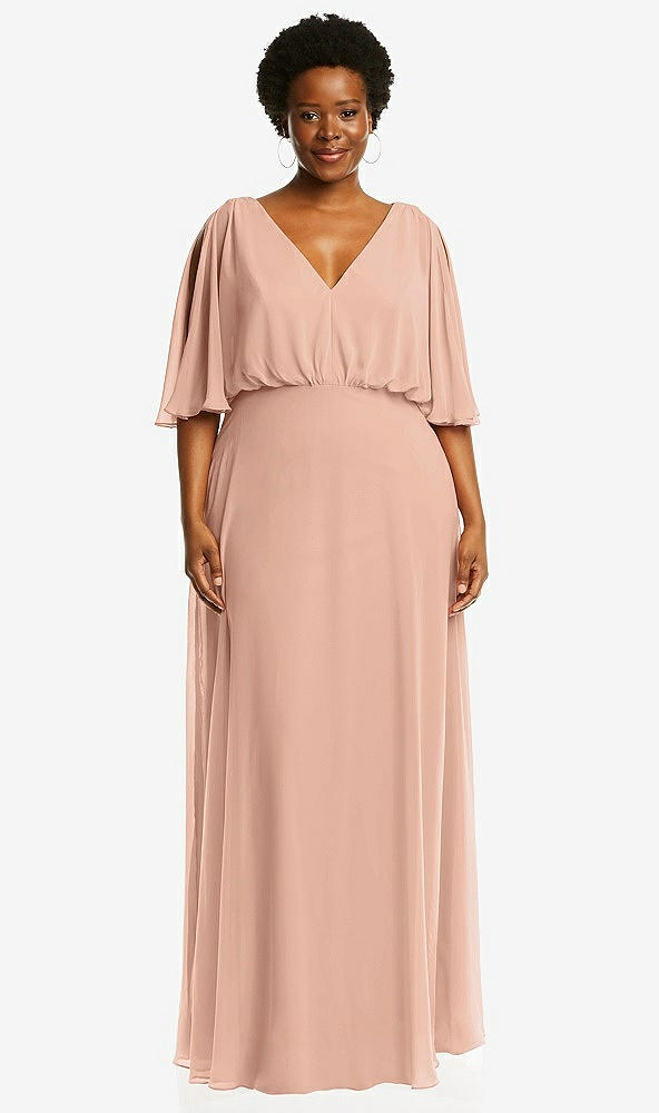 Front View - Pale Peach V-Neck Split Sleeve Blouson Bodice Maxi Dress