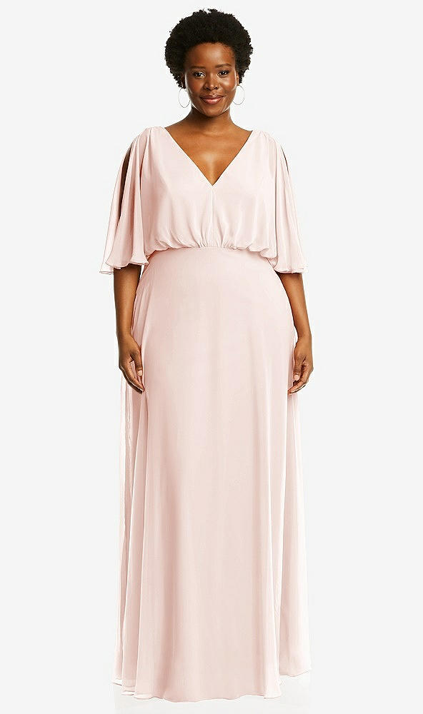 Front View - Blush V-Neck Split Sleeve Blouson Bodice Maxi Dress