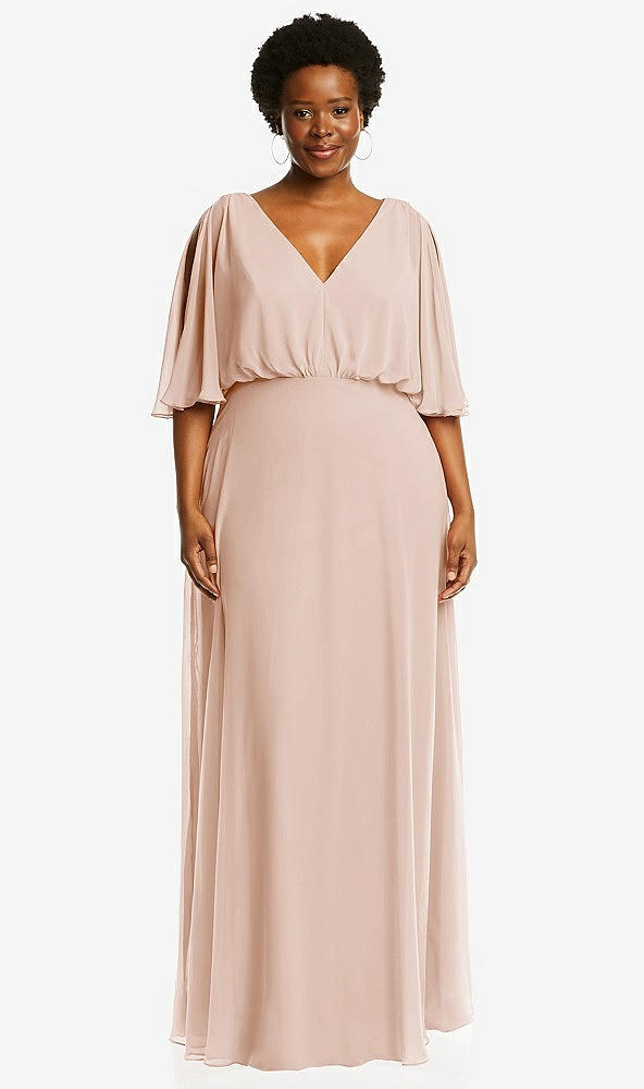 Front View - Cameo V-Neck Split Sleeve Blouson Bodice Maxi Dress