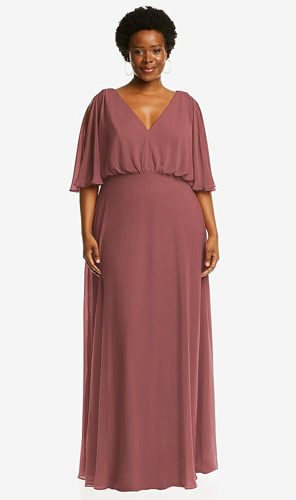 Front View - English Rose V-Neck Split Sleeve Blouson Bodice Maxi Dress