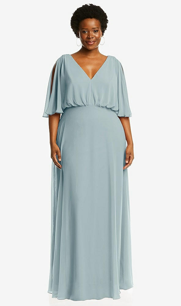 Front View - Morning Sky V-Neck Split Sleeve Blouson Bodice Maxi Dress