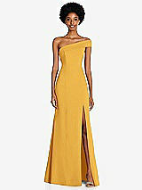 Front View Thumbnail - NYC Yellow Asymmetrical Off-the-Shoulder Cuff Trumpet Gown With Front Slit