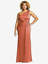 Front View Thumbnail - Terracotta Copper One-Shoulder Draped Twist Empire Waist Trumpet Gown