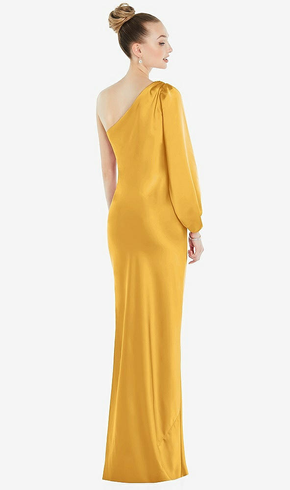 Back View - NYC Yellow One-Shoulder Puff Sleeve Maxi Bias Dress with Side Slit