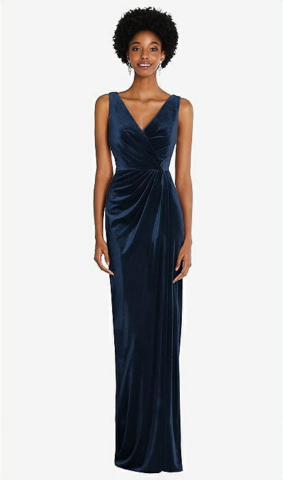 Draped Skirt Faux Wrap Velvet Maxi Bridesmaid Dress In Midnight Navy | The  Dessy Group