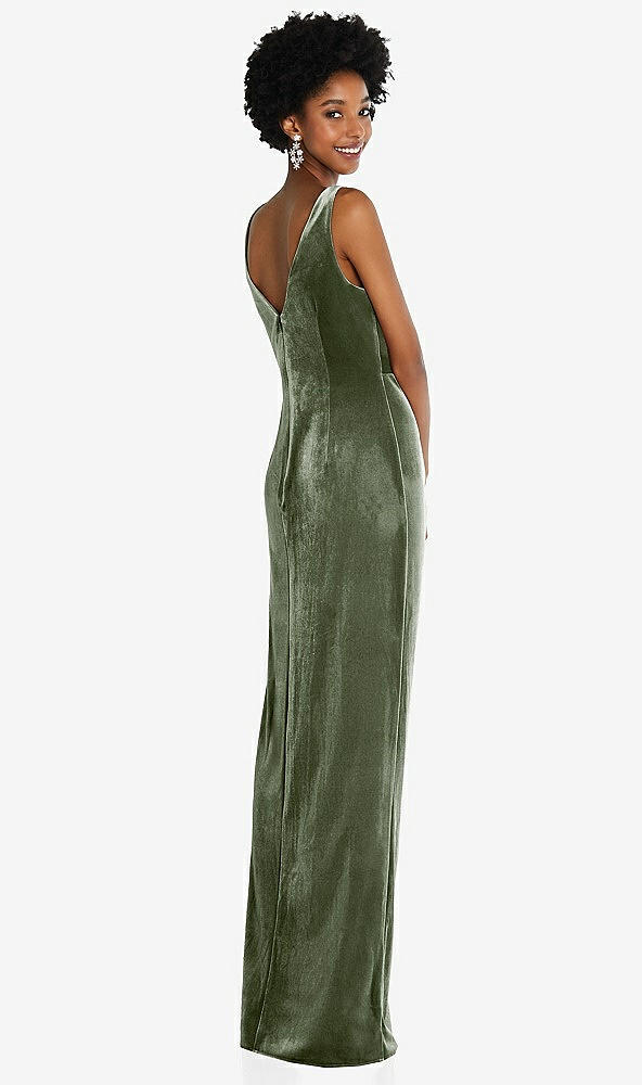 Back View - Sage Draped Skirt Faux Wrap Velvet Maxi Dress