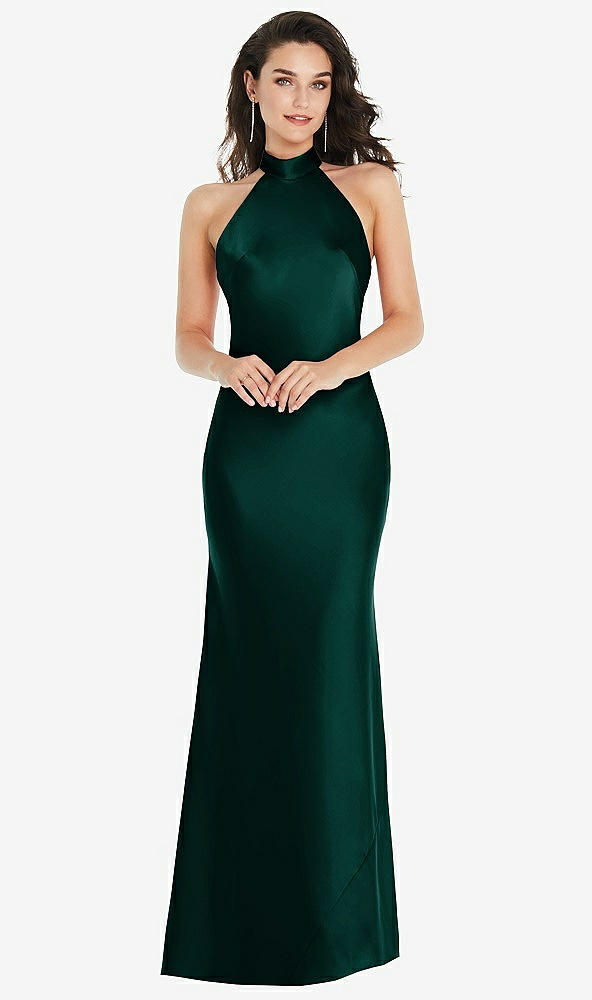 Front View - Evergreen Scarf Tie High-Neck Halter Maxi Slip Dress