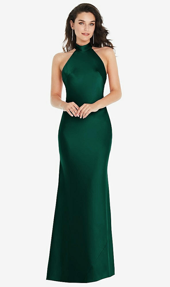 Front View - Hunter Green Scarf Tie High-Neck Halter Maxi Slip Dress