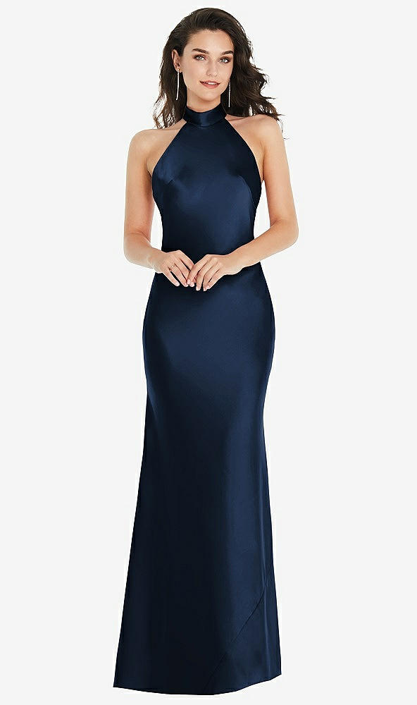 Front View - Midnight Navy Scarf Tie High-Neck Halter Maxi Slip Dress