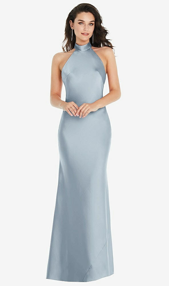 Front View - Mist Scarf Tie High-Neck Halter Maxi Slip Dress