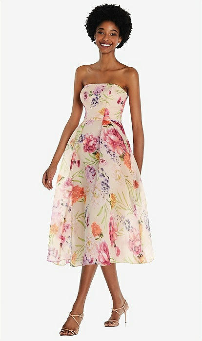 Strapless Pink Floral Organdy Midi Bridesmaid Dress In Penelope Floral  Print | The Dessy Group