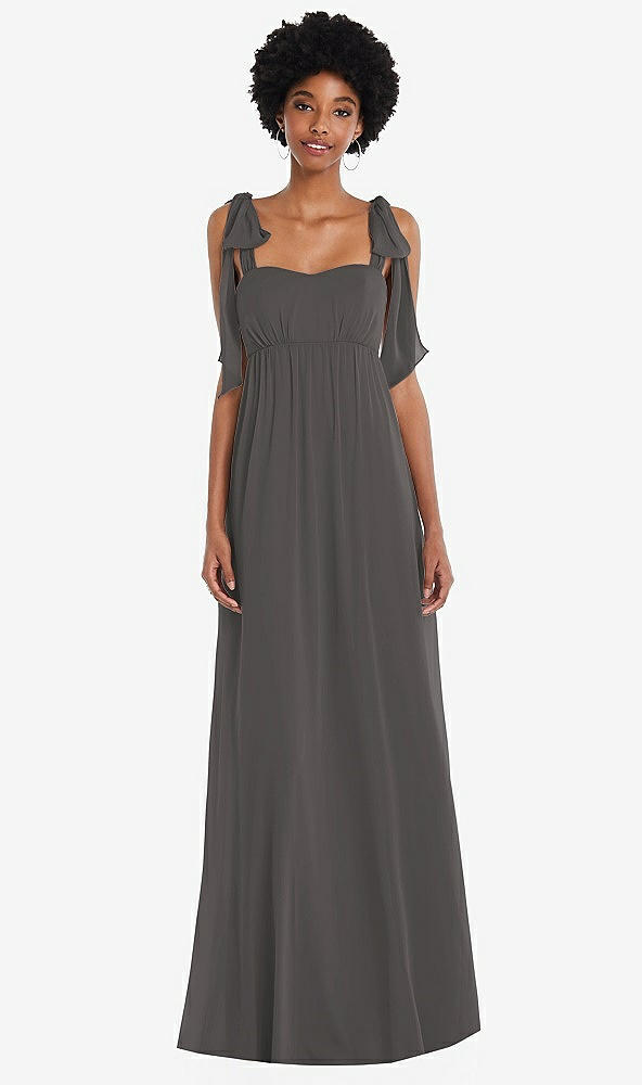 Front View - Caviar Gray Convertible Tie-Shoulder Empire Waist Maxi Dress