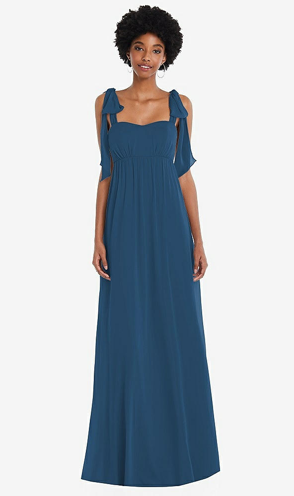 Front View - Dusk Blue Convertible Tie-Shoulder Empire Waist Maxi Dress