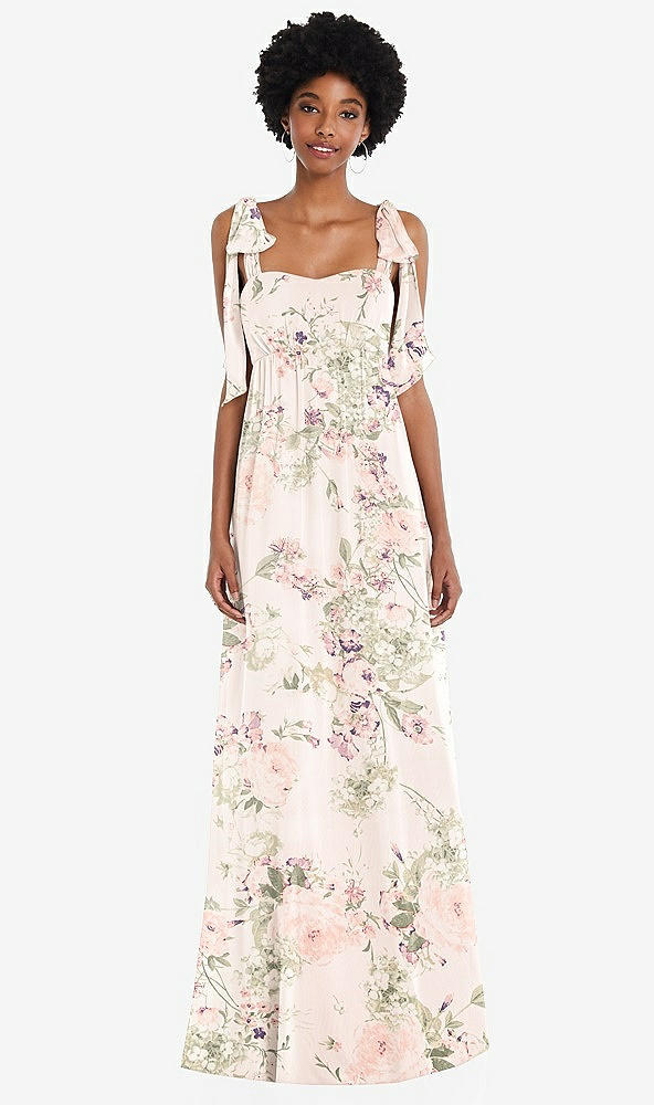 Front View - Blush Garden Convertible Tie-Shoulder Empire Waist Maxi Dress