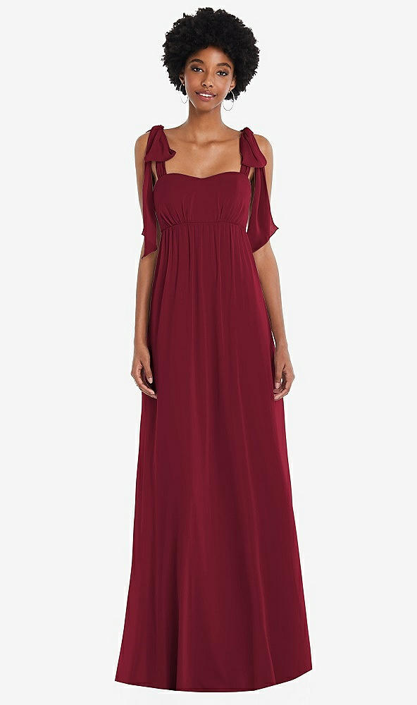 Front View - Burgundy Convertible Tie-Shoulder Empire Waist Maxi Dress