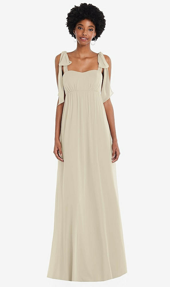 Front View - Champagne Convertible Tie-Shoulder Empire Waist Maxi Dress