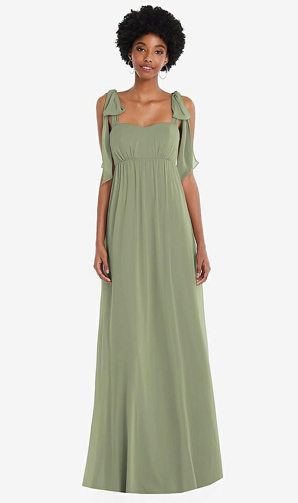 Front View - Sage Convertible Tie-Shoulder Empire Waist Maxi Dress