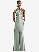 Front View Thumbnail - Willow Green Scarf Tie Stand Collar Maxi Dress with Front Slit