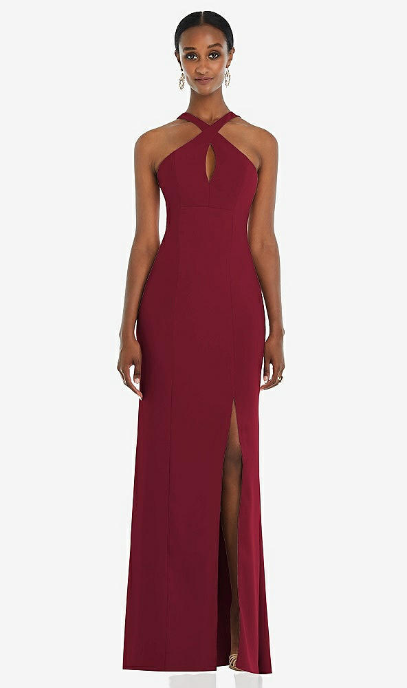 Front View - Burgundy Criss Cross Halter Princess Line Trumpet Gown