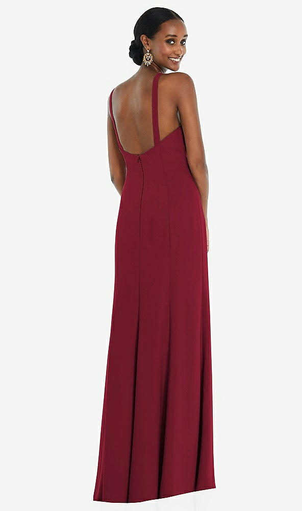 Back View - Burgundy Criss Cross Halter Princess Line Trumpet Gown