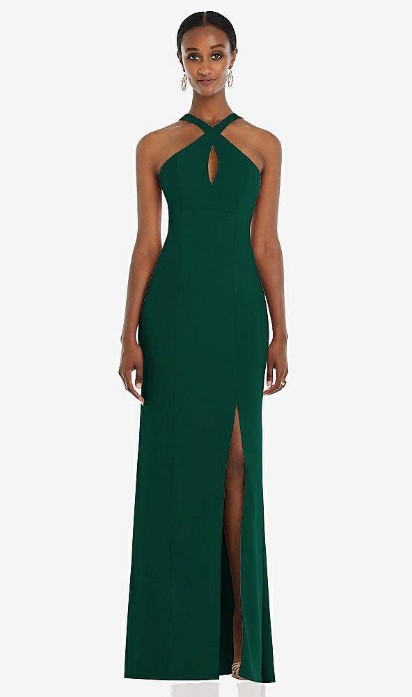 Front View - Hunter Green Criss Cross Halter Princess Line Trumpet Gown