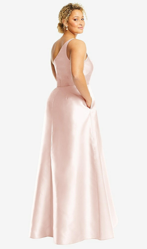 Back View - Blush One-Shoulder Satin Gown with Draped Front Slit and Pockets