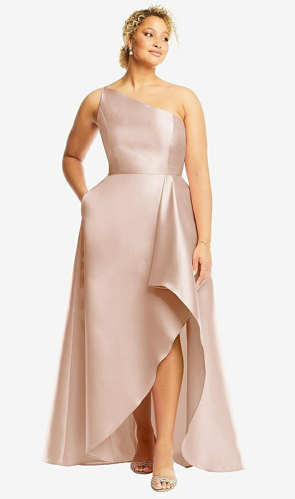 Front View - Cameo One-Shoulder Satin Gown with Draped Front Slit and Pockets