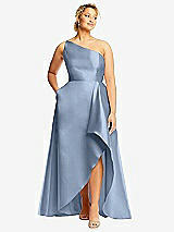 Front View Thumbnail - Cloudy One-Shoulder Satin Gown with Draped Front Slit and Pockets