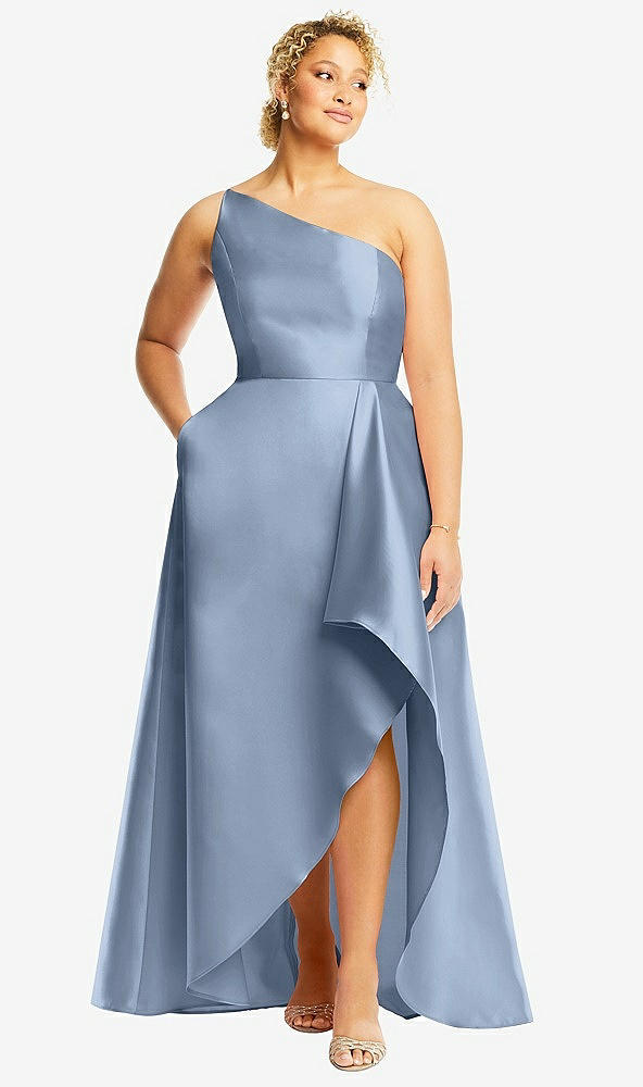 Front View - Cloudy One-Shoulder Satin Gown with Draped Front Slit and Pockets