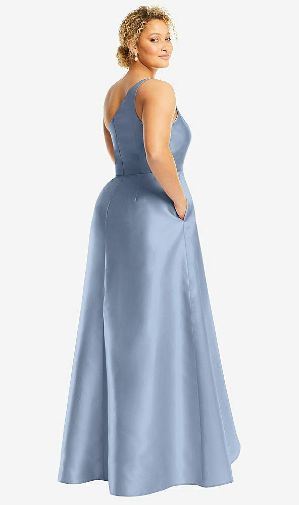 Back View - Cloudy One-Shoulder Satin Gown with Draped Front Slit and Pockets