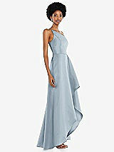 Alt View 2 Thumbnail - Mist One-Shoulder Satin Gown with Draped Front Slit and Pockets