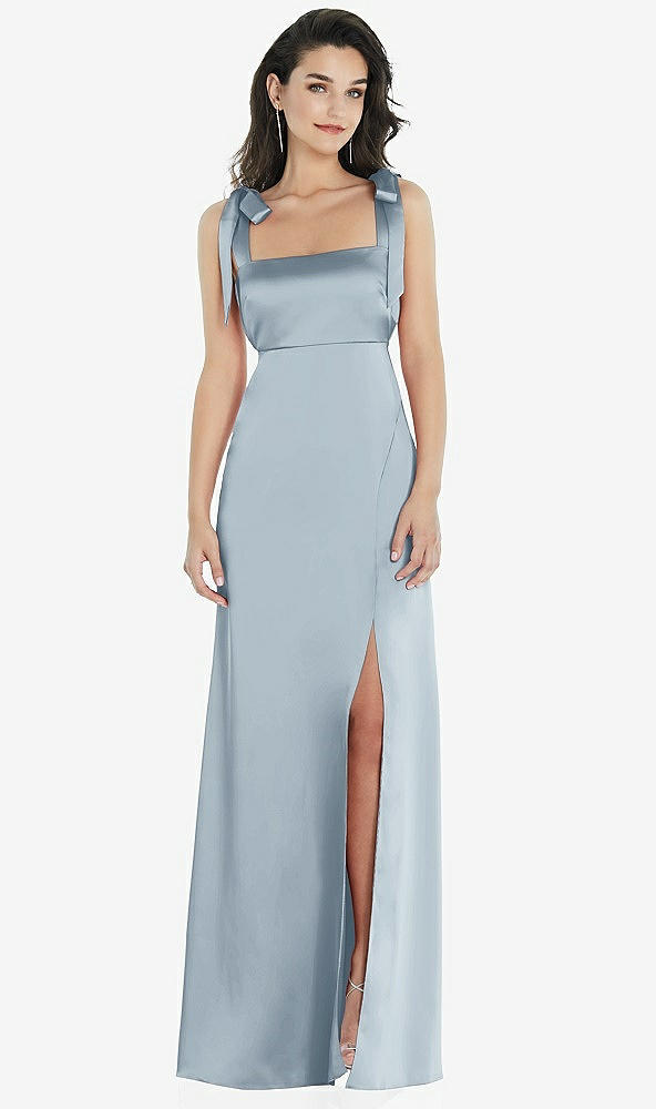 Front View - Mist Flat Tie-Shoulder Empire Waist Maxi Dress with Front Slit