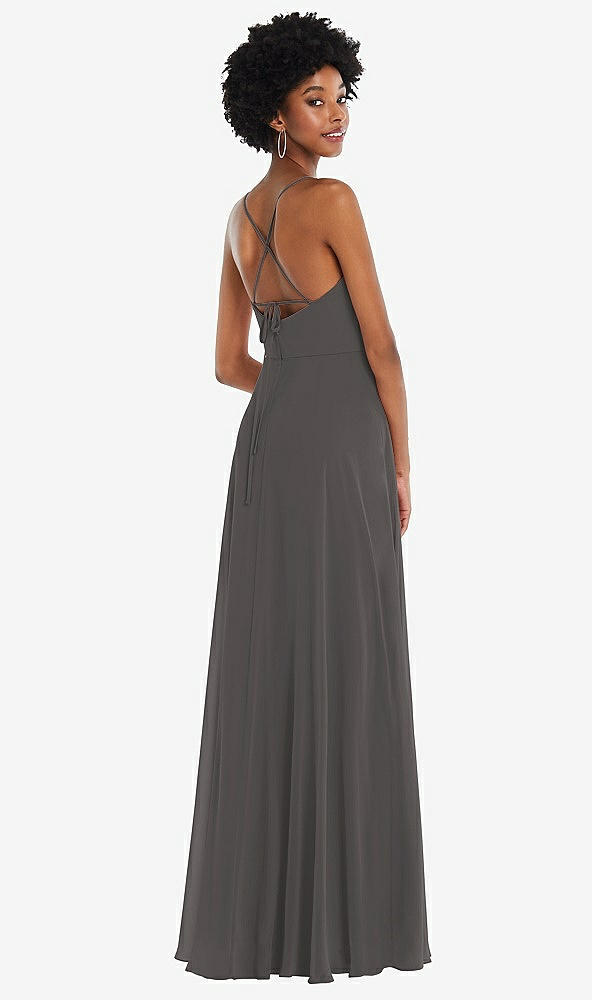 Back View - Caviar Gray Scoop Neck Convertible Tie-Strap Maxi Dress with Front Slit