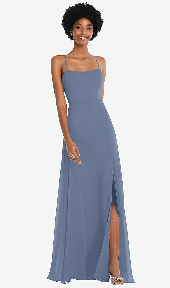 Front View - Larkspur Blue Scoop Neck Convertible Tie-Strap Maxi Dress with Front Slit