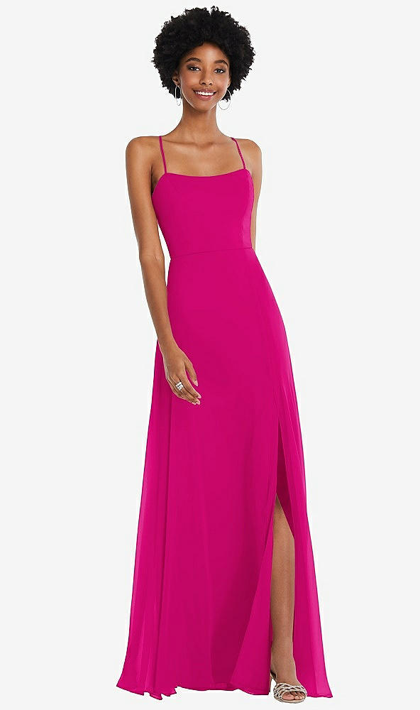 Front View - Think Pink Scoop Neck Convertible Tie-Strap Maxi Dress with Front Slit