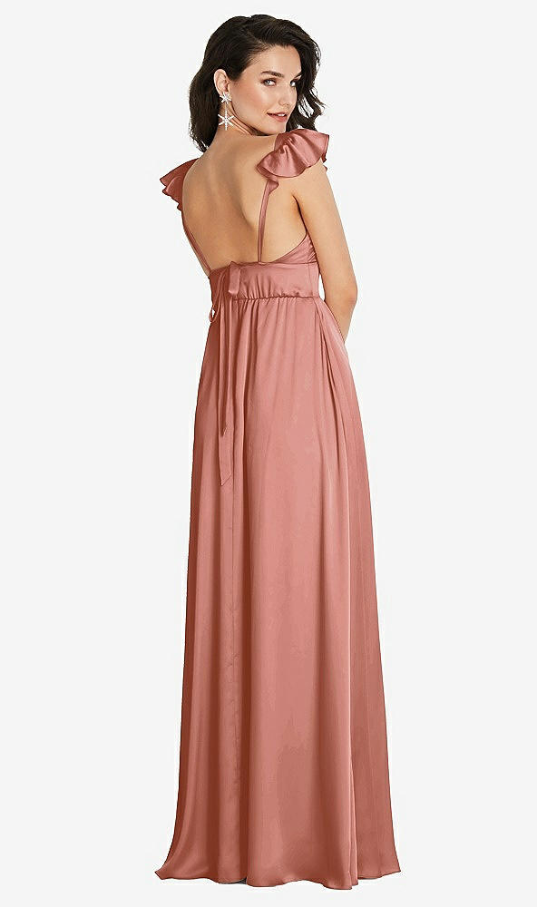 Back View - Desert Rose Deep V-Neck Ruffle Cap Sleeve Maxi Dress with Convertible Straps