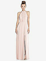 Front View Thumbnail - Blush Halter Backless Maxi Dress with Crystal Button Ruffle Placket