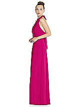 Side View Thumbnail - Think Pink Halter Backless Maxi Dress with Crystal Button Ruffle Placket