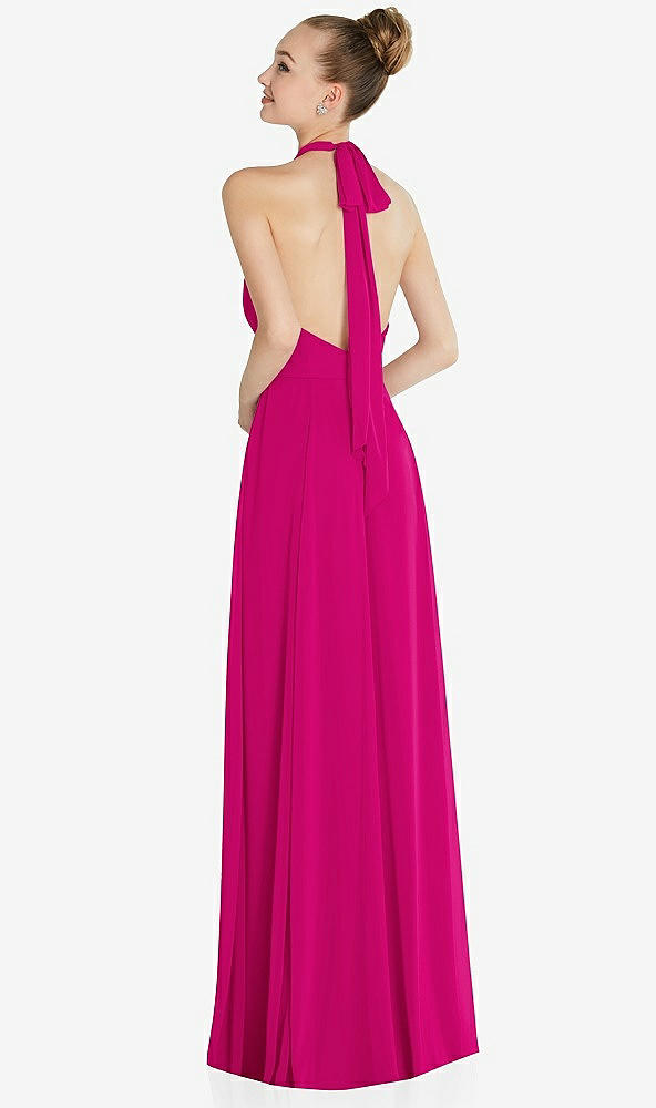 Back View - Think Pink Halter Backless Maxi Dress with Crystal Button Ruffle Placket