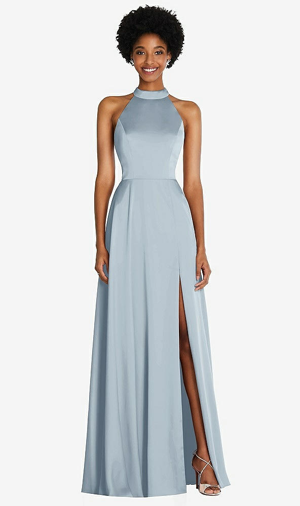 Front View - Mist Stand Collar Cutout Tie Back Maxi Dress with Front Slit