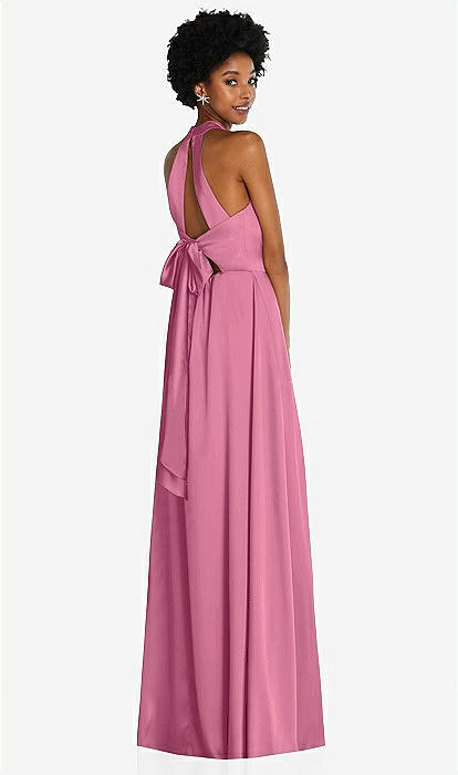 Stand Collar Cutout Tie Back Maxi Bridesmaid Dress With Front Slit In  Orchid Pink | The Dessy Group