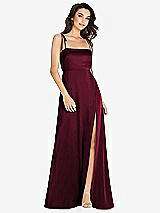 Alt View 1 Thumbnail - Cabernet Skinny Tie-Shoulder Satin Maxi Dress with Front Slit