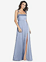 Alt View 1 Thumbnail - Sky Blue Skinny Tie-Shoulder Satin Maxi Dress with Front Slit