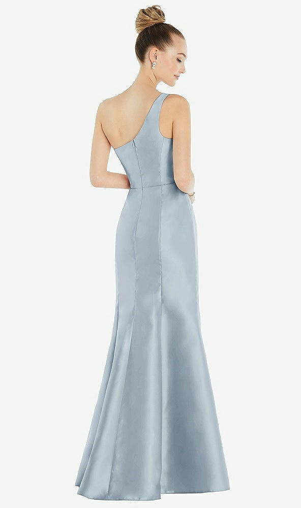 Back View - Mist Draped One-Shoulder Satin Trumpet Gown with Front Slit