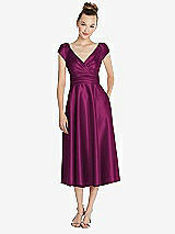 Front View Thumbnail - Merlot Cap Sleeve Faux Wrap Satin Midi Dress with Pockets