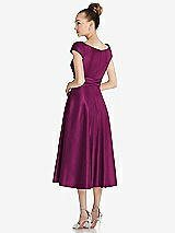 Rear View Thumbnail - Merlot Cap Sleeve Faux Wrap Satin Midi Dress with Pockets