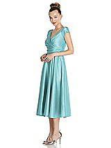 Side View Thumbnail - Spa Cap Sleeve Faux Wrap Satin Midi Dress with Pockets