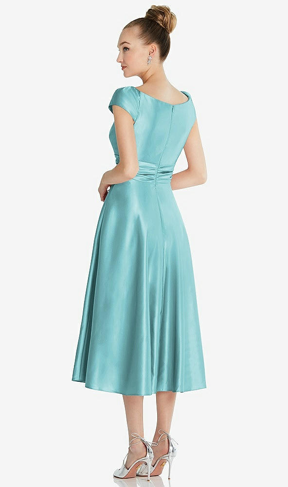 Back View - Spa Cap Sleeve Faux Wrap Satin Midi Dress with Pockets